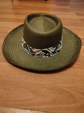 Vintage BollMan USA Straw Ferdora Hat Olive Green Telescope Crown Puggaree L